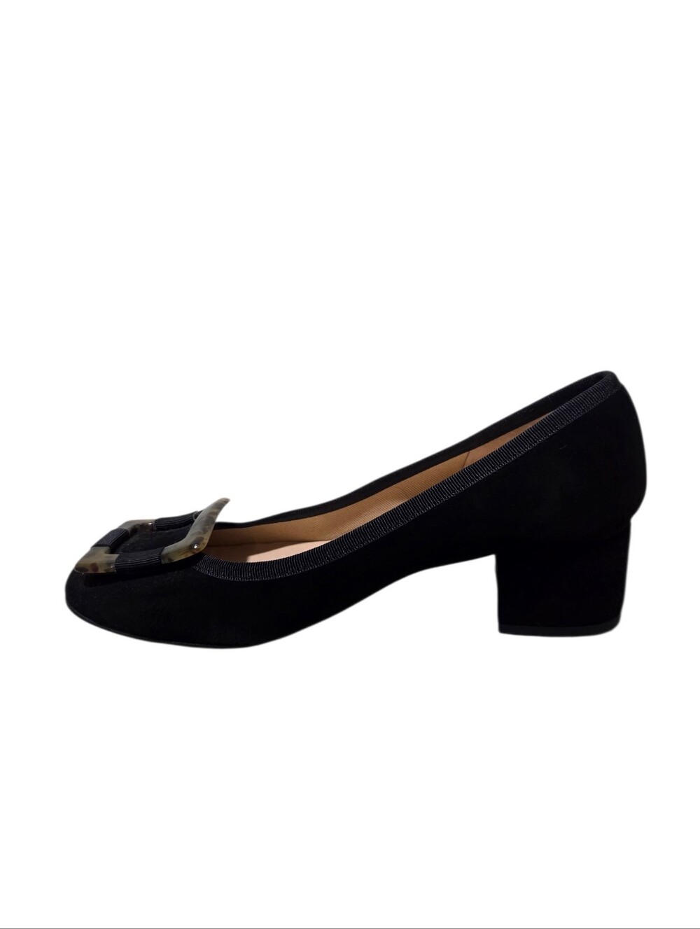 French Sole Major Classic Black Suede Low Heel Pump with Decorative Buckle